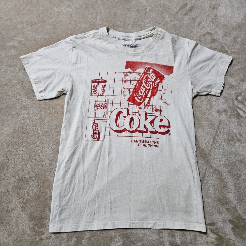 Coca-Cola Coke Graphic Tee Womens Small Cream Retro Distressed Short Sleeve